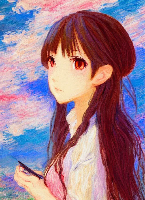 Image similar to a girl wearing thrifty clothing, very anime, trending artwork, 4 k, anime painter studio, an impressionist style by claude monet