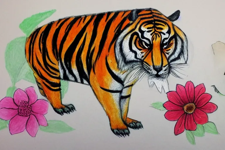 Image similar to a beautiful picture of a tiger and a pig, flower, by sanyu