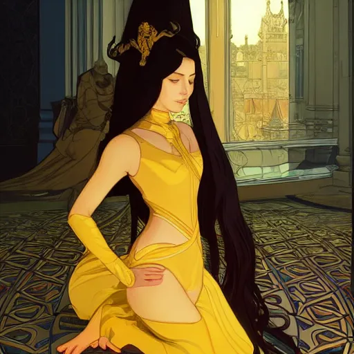Image similar to servant kneeling before a proud queen, yellow eyes, highly detailed, digital painting, artstation, smooth, sharp focus, illustration, art by artgerm and alphonse mucha, high definition digital art, in the style of ilya kuvshinov and Ross tran
