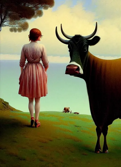 Image similar to hyper detailed 3 d render like a oil painting - cute portrait of emma stone with a smiling cow looking over her shoulder by ryden, kawase hasui, dorothea tanning, edward hopper and james gilleard, aivazovsky, beksinski, outram, artstation