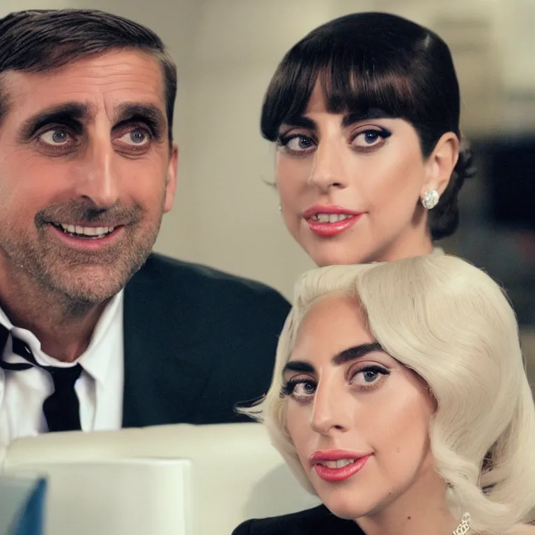 Image similar to confused lady gaga looking at the camera while young steve carell smiles behind her, from the office ( 2 0 0 5 ), detailed background, uhd, low light, cinematic, realistic, clear face, clear eyes.