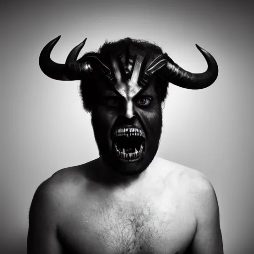 Prompt: a man with horns growing from his head. glowing eyes and sharp teeth. black and white 1 9 8 0 s portrait photography, studio lighting, cinematic, chilling 4 k