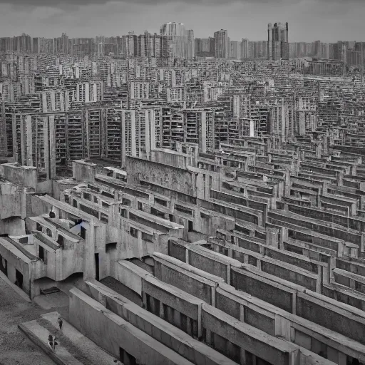 Prompt: a city made completely of equidistant, identical concrete buildings. melancholy, dark, dirty, 4 k photography.