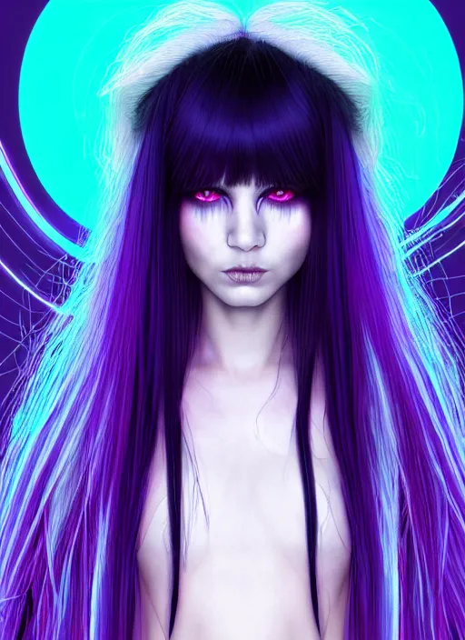 Image similar to hair whitebangs hair, black cyberlox, portrait of teenage girl with white bangs, whitebangsblackhair, messy bangs, cyberlox, whitebangs, red irises, purple clothes, intricate, elegant, glowing lights, highly detailed, digital painting, artstation, concept art, sharp focus, illustration, art by wlop, mars ravelo and greg rutkowski