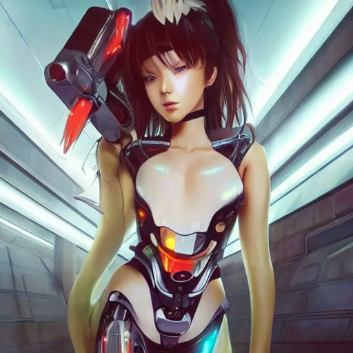 Image similar to a leggy portrait photo of a cybernetic oversize anime girl, cyberpunk concept art, digital art, highly detailed, intricate, sci-fi, sharp focus, Trending on Artstation HQ, deviantart, unreal engine 5, 4K UHD image, hyperrealistic, photorealistic, art by artgerm and greg rutkowski and alphonse mucha