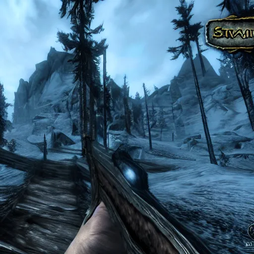 Prompt: skyrim re - imagined as a first person shooter