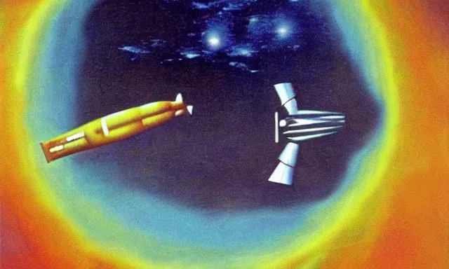 Image similar to full - color cinematic movie still from a 1 9 6 8 surreal film directed by salvador dali about astronauts traveling to the moon in a rocket - ship. bizarre ; dream - like.