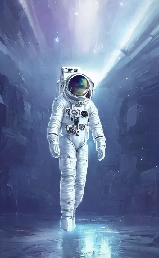 Prompt: a beautiful artwork illustration, concept art sketch of an astronaut in white futuristic cybernetic armor looking at a shining blue cube, volumetric fog, godrays, high contrast, vibrant colors, vivid colors, high saturation, by Greg Rutkowski and Jesper Ejsing and Raymond Swanland and alena aenami, featured on artstation, wide angle, vertical orientation