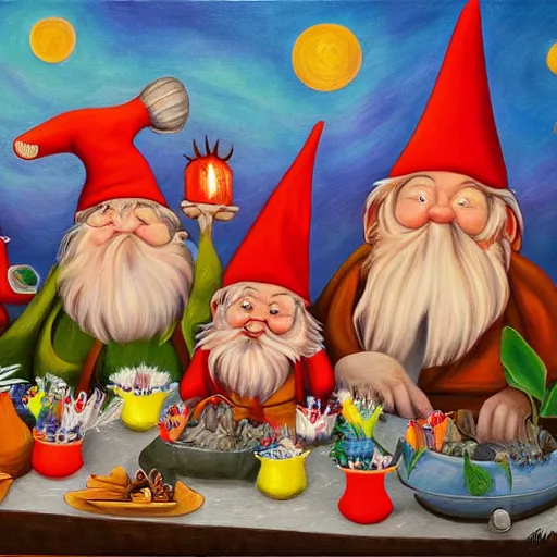 Image similar to gnome party before sunrise, a detailed painting by Meno Mühlig