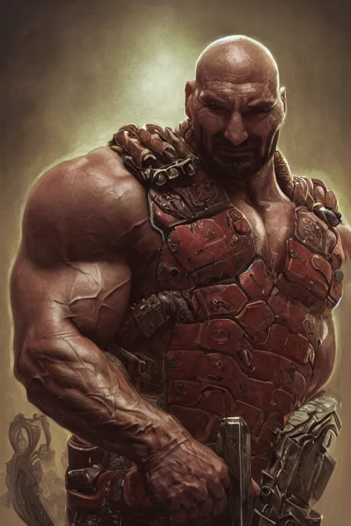 Image similar to ultra realistic illustration,, a hulking herculean dave bautista with leather armour, from doom and warhammer, intricate, elegant, highly detailed, digital painting, artstation, concept art, smooth, sharp focus, illustration, art by artgerm and greg rutkowski and alphonse mucha