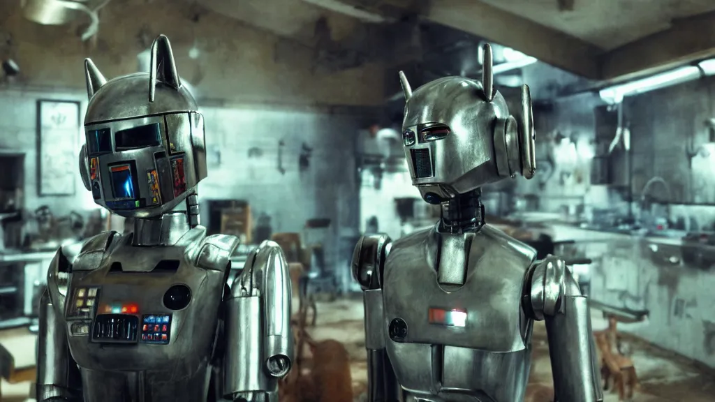 Prompt: film still from the movie chappie of the robot chappie shiny metal indoor cottage kitchen whimsy chef scene bokeh depth of field several figures furry anthro anthropomorphic stylized cat ears head android service droid robot machine fursona