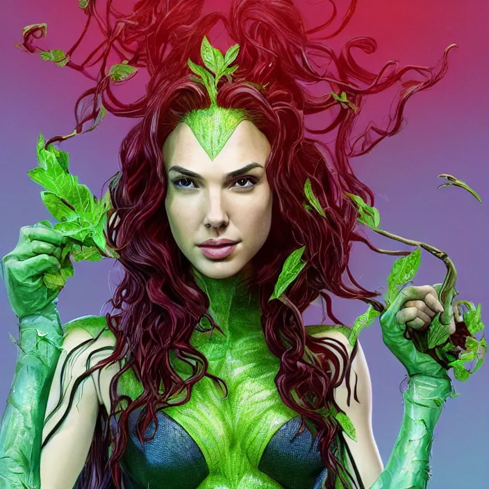 Image similar to portrait of Gal Gadot as a Poison Ivy in Batman & Robin 1997. intricate artwork. by Tooth Wu, wlop, beeple, dan mumford. octane render, trending on artstation, greg rutkowski very coherent symmetrical artwork. cinematic, hyper realism, high detail, octane render, 8k