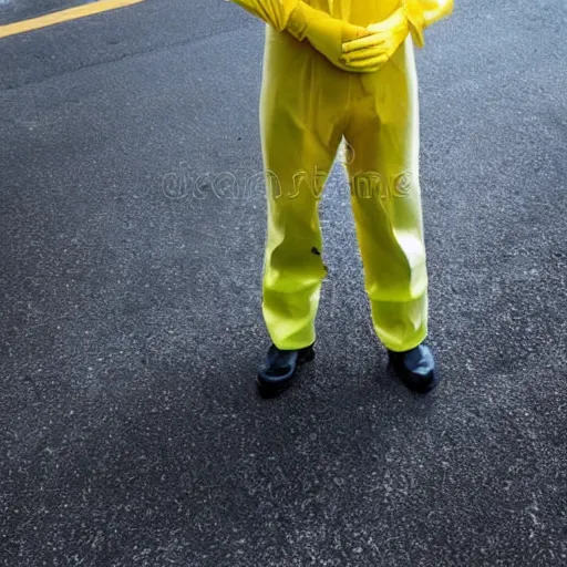 Image similar to A police officer wearing yellow rubber gloves, posing heroically, stock image