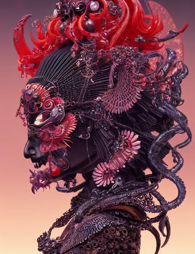 Image similar to 3 d goddess of hell close - up profile portrait with ram skull. beautiful intricately detailed japanese crow kitsune mask and clasical japanese kimono. betta fish, jellyfish phoenix, bio luminescent, plasma, ice, water, wind, creature, artwork by tooth wu and wlop and beeple and greg rutkowski