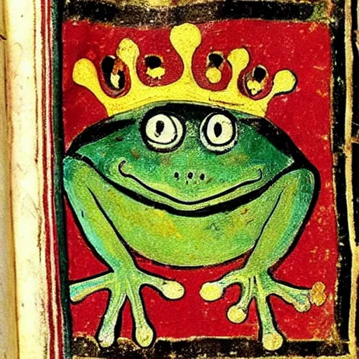 Image similar to beautiful medieval book manuscript painting of a frog wearing a crown