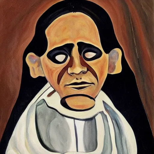 Prompt: This painting was painted in 1937 during the Guerra Civil Española. The woman in the painting is weeping. She is wearing a black dress and a black veil. Her face is distorted by grief. The painting is dark and somber. by Alice Neel rhythmic