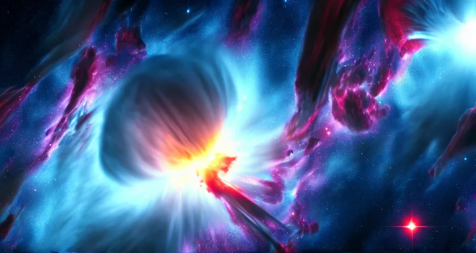 Image similar to highly detailed cinematic scifi render of a dramatic powerful nebula in space, dramatic powerful nebula, 4 k, 8 k, hd