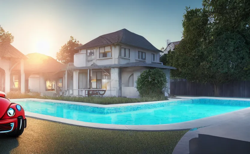 Image similar to a vw beetle parked near a modern small house with a pool at sunrise, concept art, octane render, unreal engine 5, trending on artstation, high quality, highly detailed, 8 k, soft lighting, path traced, godrays, lens flare, hyperrealistic, symmetrical, low contrast, digital art, beautiful, elegant