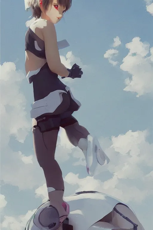 Prompt: a beautiful boyish natalie portman gravure model, cute girl with short pink hair, white loose plastic inflatable coat, mechanical arm, black tight pants, trending on pixiv fanbox, painted by greg rutkowski makoto shinkai takashi takeuchi studio ghibli, akihiko yoshida