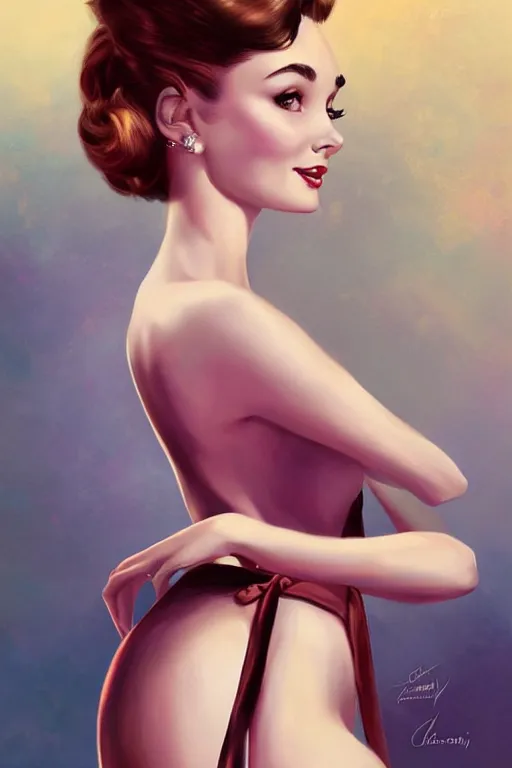 Prompt: audrey hepburn pinup by charlie bowater and anna dittmann and gil elvgren.