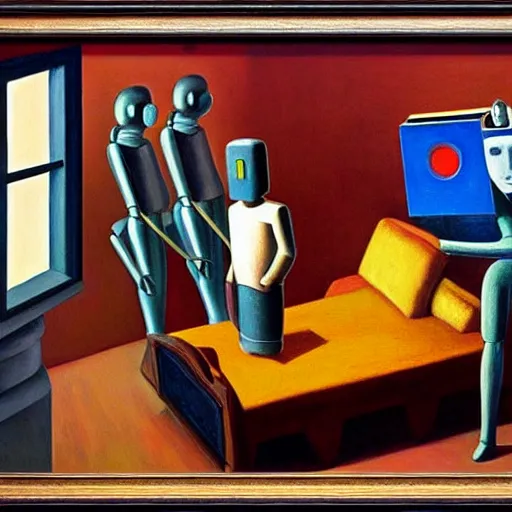 Image similar to robot overlords, grant wood, pj crook, edward hopper, oil on canvas