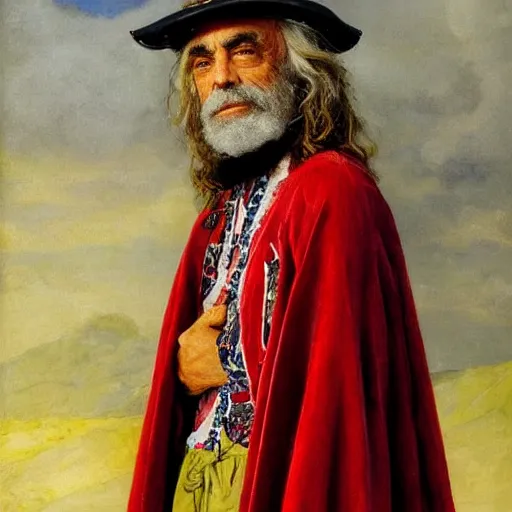 Prompt: King Tommy Chong wears a doublet whilst wearing a red velvet cape and OG Kush Indica helmet ilya repin alexandre benois edward julius detmold jehan choo jeff simpson raphael lacoste guillem h. pongiluppi grisaille