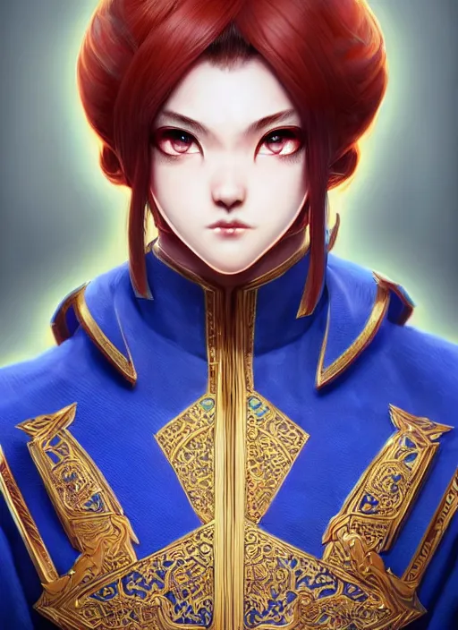 Image similar to male manchurian martial artist!!!! blue eyes!! intricate ornate blue robes!! character concept art, sharp focus, octane render! unreal engine 5! highly rendered!! trending on artstation!! detailed linework!! illustration by artgerm, wlop, and chie yoshii