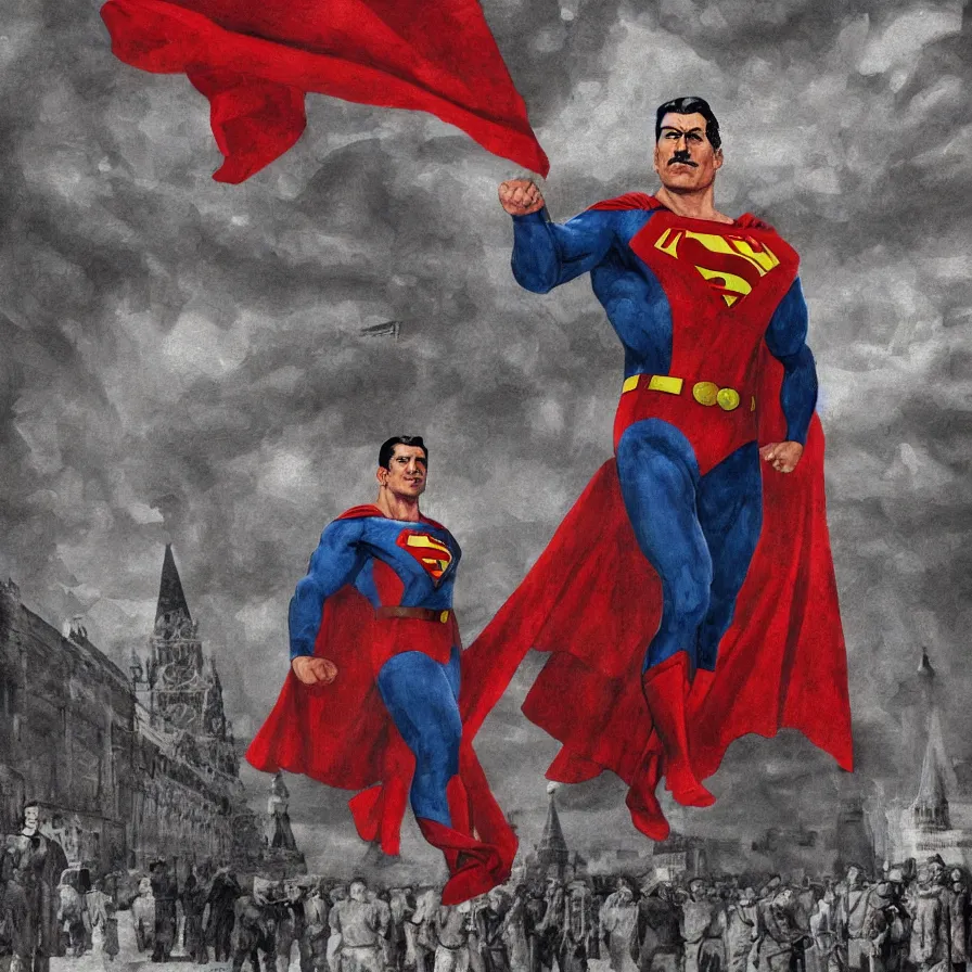 Image similar to stalin as superman red son standing triumphantly in the red square ( moscow ), socialist realism, oil painting masterpiece, photorealistic, detailed picture, intricate digital art, trending artstation, rich moody colors, fan art, concept art, artgem, 8 k ultra high definition