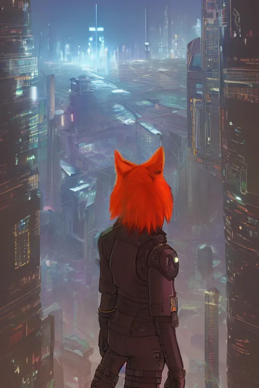 Image similar to a cyberpunk anthropomorphic fox with a fluffy tail staring over a futuristic city from the top of a roof, comic art, trending on furaffinity, cyberpunk, backlighting, cartoon