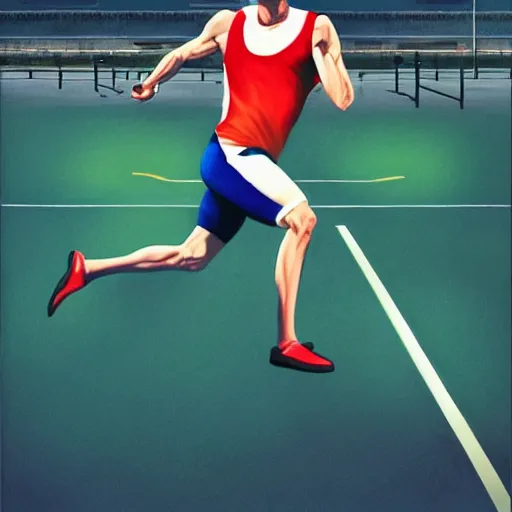 Image similar to cinematic painting of qwop!!!!!!!!!!!!!!!!! running down the track by stanley artgerm lau, kinetic, motion, athletic, running