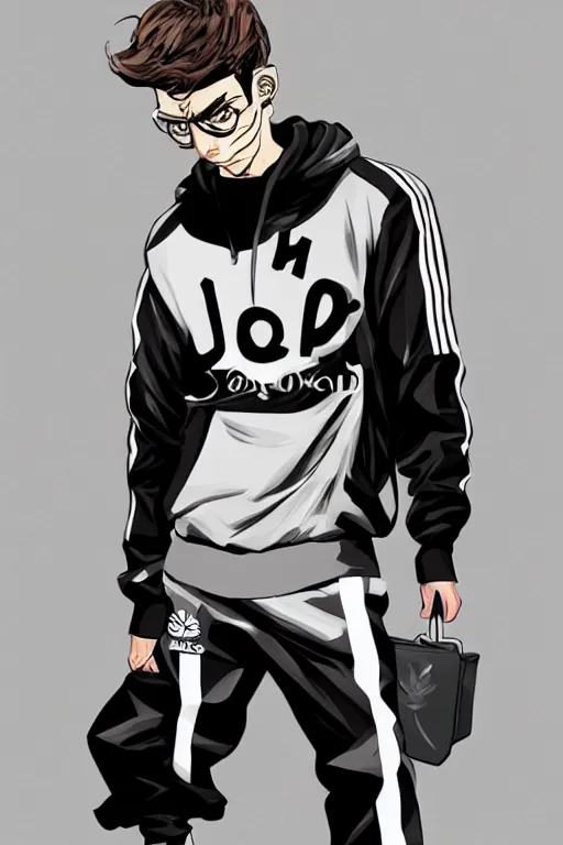 Image similar to young man angry gopnik in black tracksuit, expressive, adidas, style of JoJo's Bizarre Adventures manga