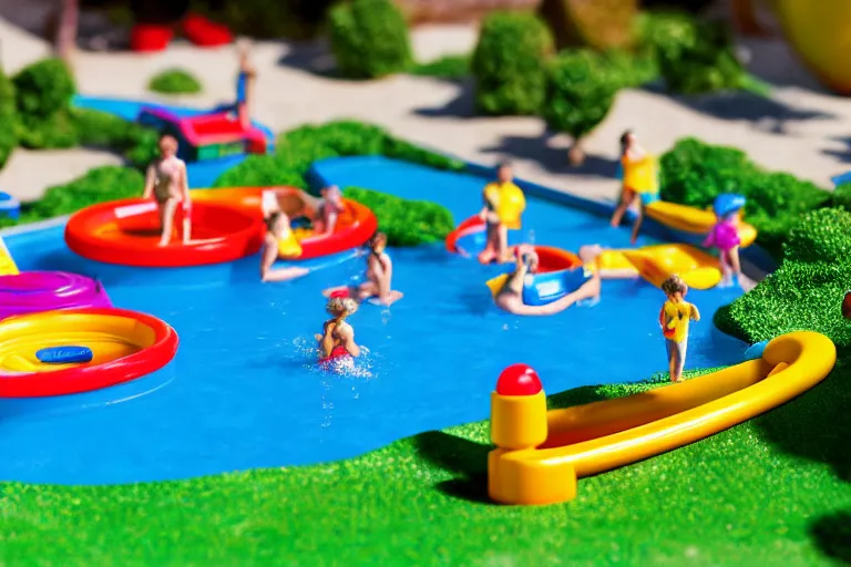 Prompt: fisher price public pool, california, in 2 0 1 5, 8 k, scene from tv show hyper detailed 5 5 mm 8 5 mm, toy photography, made out of plastic