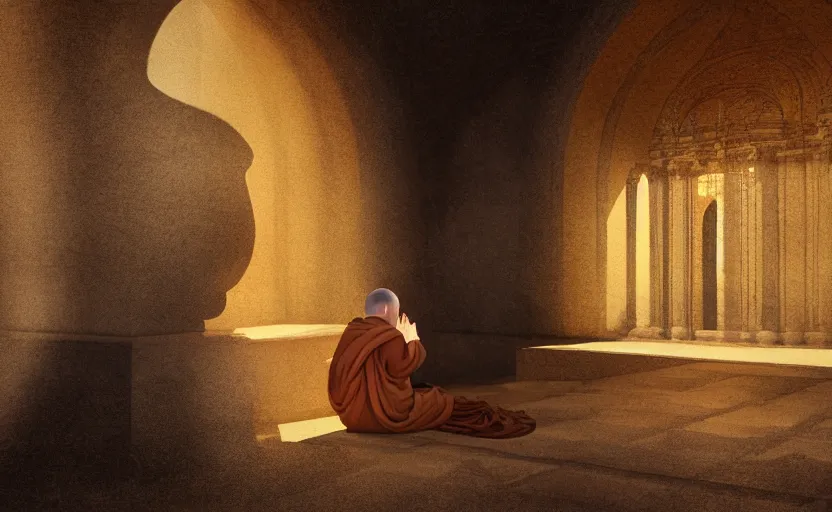 Image similar to distant monk sitting inside a peaceful marble temple while being illuminated by a ray of light, blissful, digital oil painting