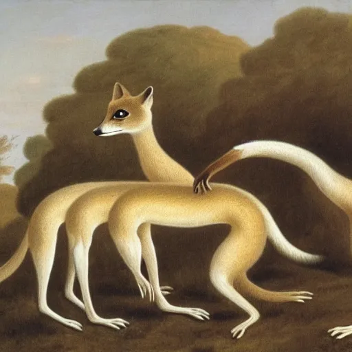 Image similar to group of long necked fox wolf rats wearing coats, by george stubbs