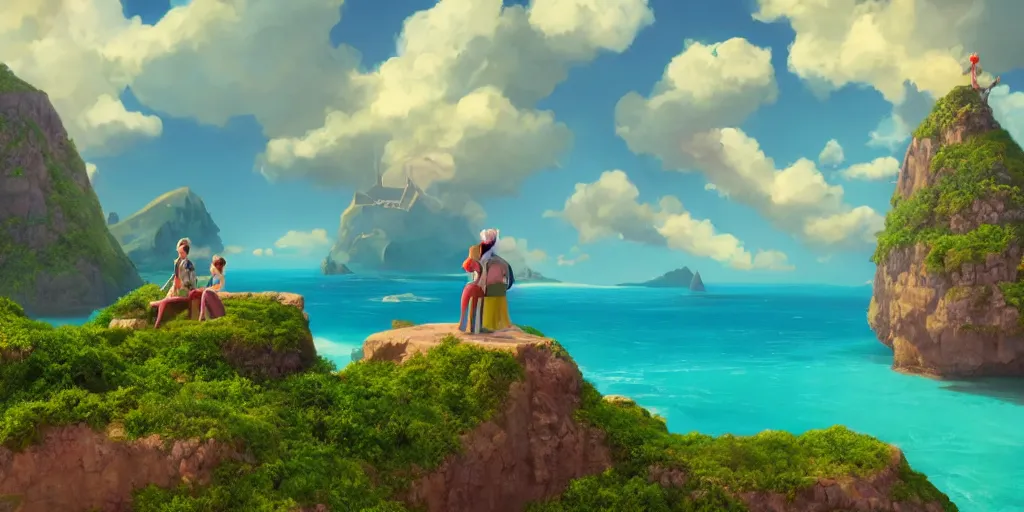 Image similar to a beautiful couple sitting on a cloud in the sky above emerald lagoon of Sint-Marteen, mattepainting concept Blizzard pixar maya engine on stylized background global illumination lighting artstation in the style of The Road to El Dorado