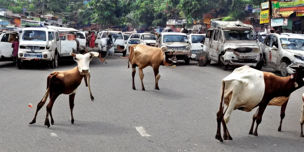 Image similar to car traffic in India caused by a cow in the middle of the road