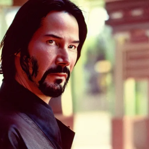 Image similar to cinematic film still of Keanu Reeves starring in a Steven Spielberg film as A Japanese Samurai at a temple, 1999, shallow depth of field, photograph, natural lighting