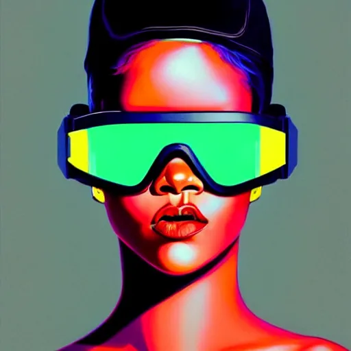 Prompt: Rihanna wearing opaque reflective goggles profile picture by Greg Rutkowski, asymmetrical, futuristic, volumetric lights, streetwear, studio ghibli, Organic Painting , Matte Painting, geometric shapes, hard edges, trending on the artstation, fantasy LUT, realistic by Sachin Teng + Martin Grip + Moebius + Patrick Gleason, smooth, sharp focus, illustration, art by John Collier and Albert Aublet and Krenz Cushart and Artem Demura and Alphonse Mucha, techwear, Industrial Scifi, detailed illustration, character portrait,