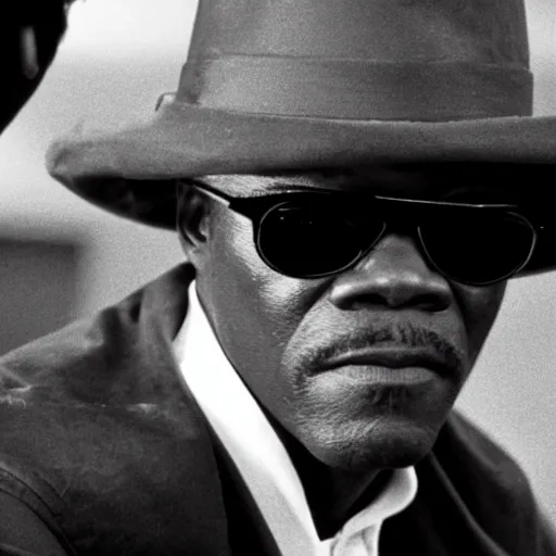 Image similar to a film still of Samuel L. Jackson dressed as a Pimp in a 1970s Blaxploitation film, 40mm lens, shallow depth of field, split lighting, cinematic