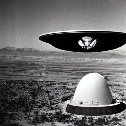 Image similar to president eisenhower aboarding a ufo in the desert as high ranked government officials are watching, black and white old photo