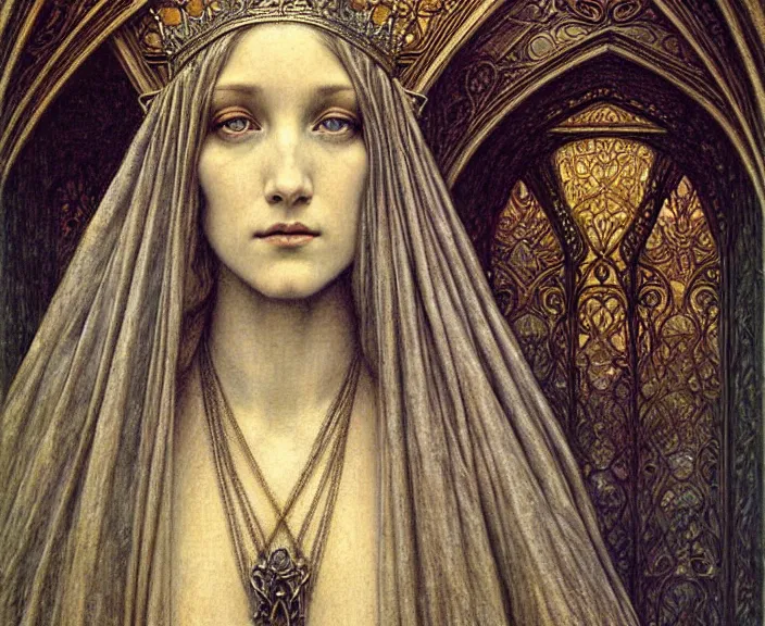 Image similar to detailed realistic beautiful young medieval queen face portrait by jean delville, gustave dore and marco mazzoni, art nouveau, symbolist, visionary, gothic, pre - raphaelite. horizontal symmetry