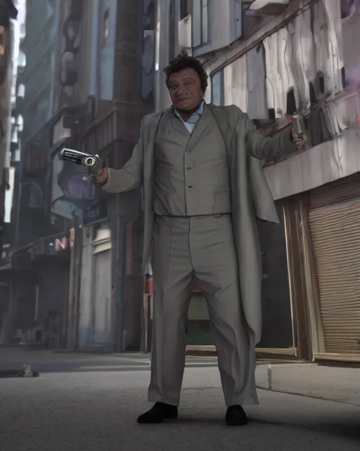 Image similar to Peter Falk's Detective Columbo as a droid, hyperdetailed, full body, LED effects, glowing eyes, professional paint job, standing in a city street, distressed paint, photoreal, caustics, octane render, redshift render, Vray render, all in focus, unreal engine, post processing, ultra detailed, trending on artstation