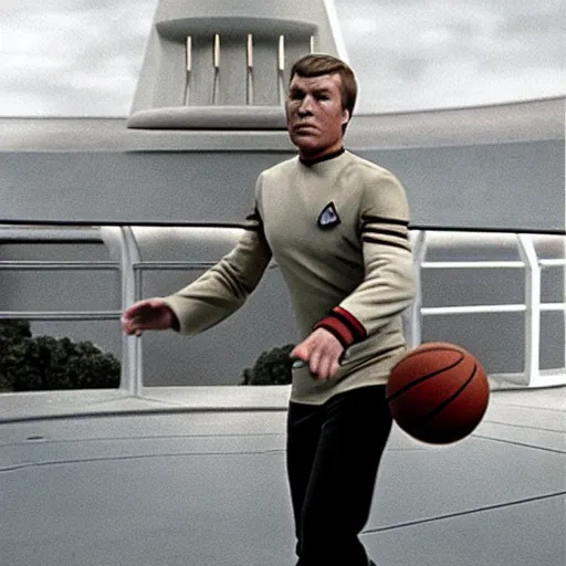 Prompt: captain kirk playing basket ball on the bridge of the enterprise from star trek