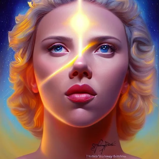 Image similar to cosmic holy angel portrait of scarlett johansson, divine light and clouds, Pixar style, by Tristan Eaton Stanley Artgerm and Tom Bagshaw.