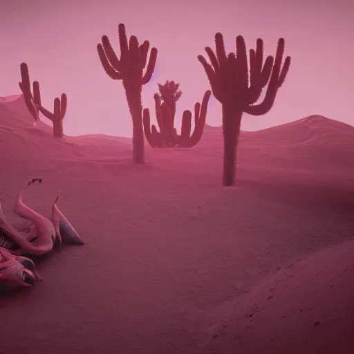 Prompt: A mystical desert with blood houngry creatures and colorfull plants,cinematic lighthing,nightmare,horror,octane render,