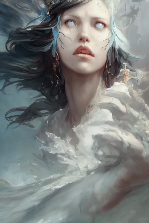 Prompt: beautiful girl warrior in white dress, casting magic spell, angel, magic storm and thunder clouds, fantasy, magic the gathering, hyper detailed, 3 d render, hyper realistic detailed portrait, peter mohrbacher, wlop, ruan jia, luis royo