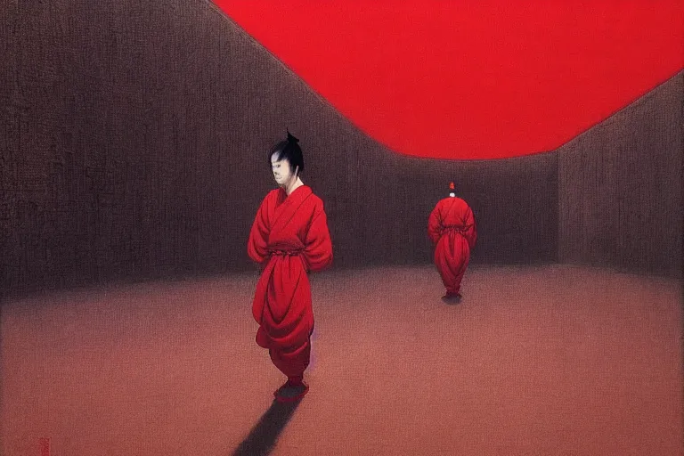 Image similar to only with red, a red samurai, tokio in background, some evil yokai, in the style of beksinski, parts by edward hopper, parts by rodcenko, parts by yue minjun, intricate and epic composition, red by caravaggio, insanely quality, highly detailed, masterpiece, red light, artstation, 4 k