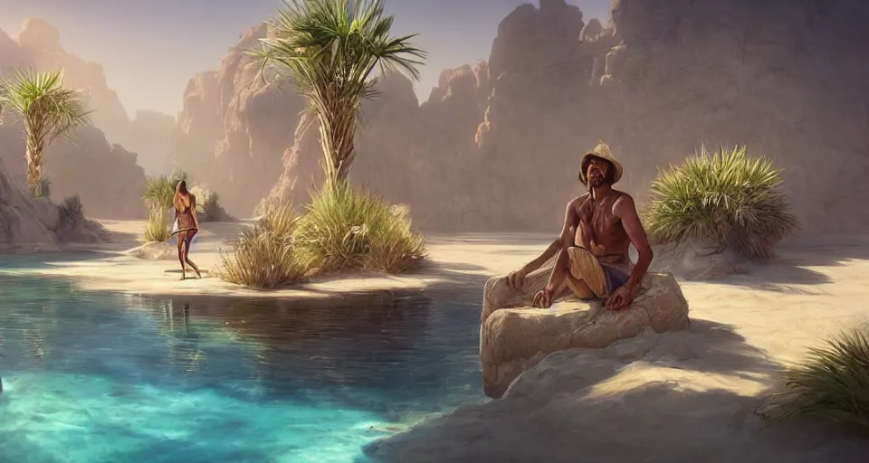 Prompt: a male desert vagabond sitting next to an oasis!!!! with crystal clear water surrounded by sand dunes, by wlop and peter mohrbacher, extremely detailed shading, concept art, digital painting, trending on artstation, unreal engine 5, octane render, atmosphere, glow, cinematic lighting, full of color