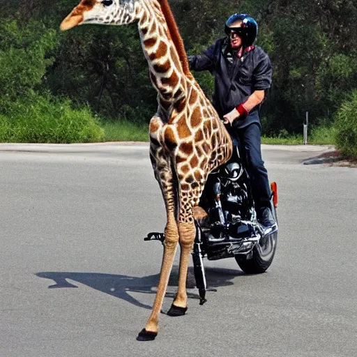 Image similar to giraffe on a Harley Davidson on the road, funny picture