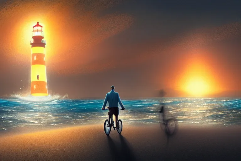 Image similar to photo of man riding a bicycle along the beach that is lit by glowing organisms underwater toward a lighthouse in the distance, wide horizon, large white clouds, intricate, elegant, highly detailed, digital painting, artstation, concept art, smooth, sharp focus, illustration, art by artgerm and greg rutkowski and fra angelico